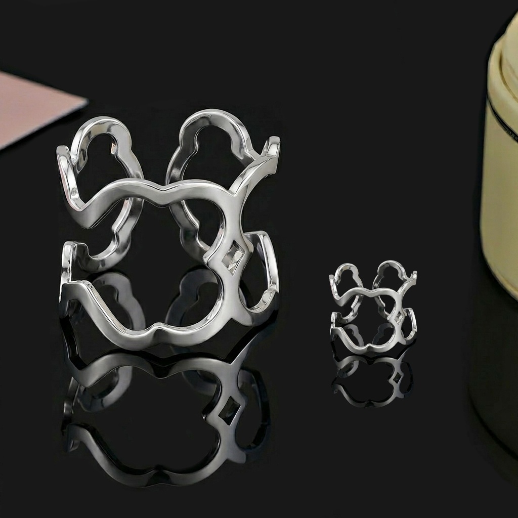 Fashion Women Girls Silver Rose Gold Stainless Steel Span Bear Cartoon Animal Open Hollow Bangle Rings Pendant Earrings Jewelry-image-1103953458