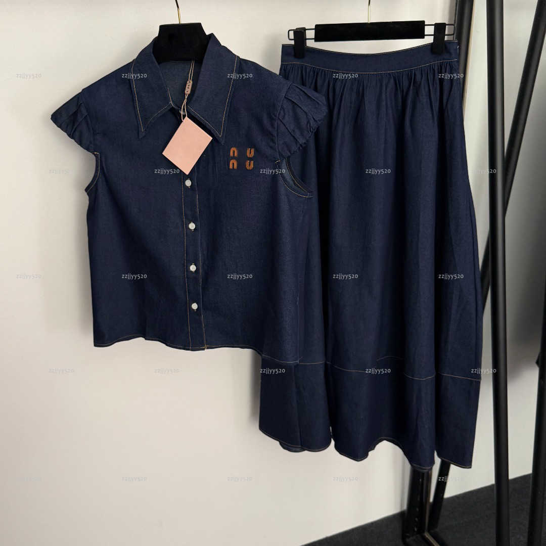 Brand lapel women dress set Summer lady dresses women designer clothes cowboy vest top+high waisted skirt A792X16N302-image-1104088315