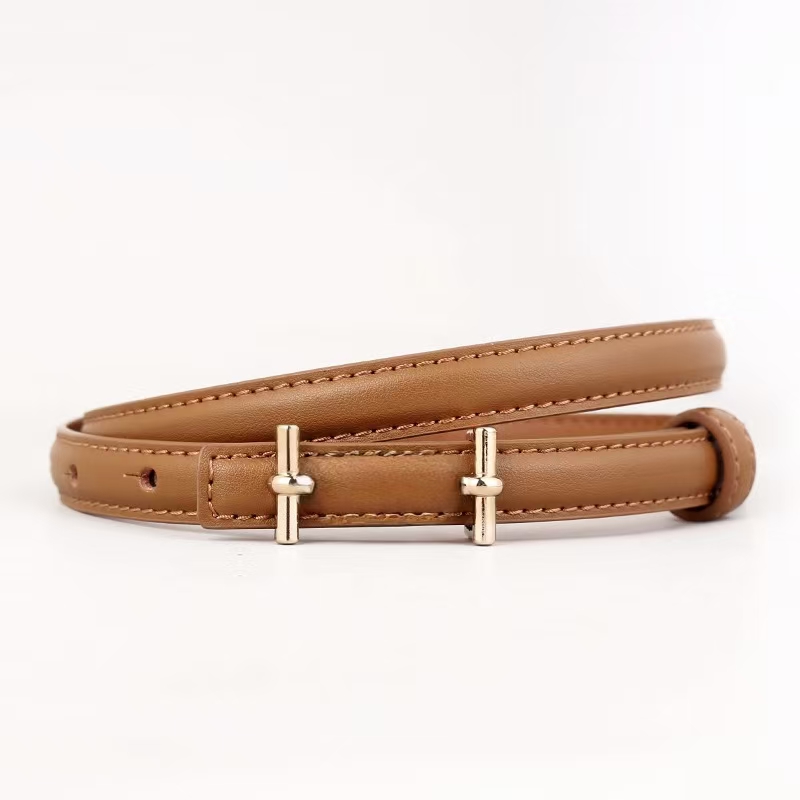 Women's Slim Black Leather Belt, Gold Horsebit Buckle Skinny Waist Belt, Adjustable Thin Waistband for Dresses & Suits