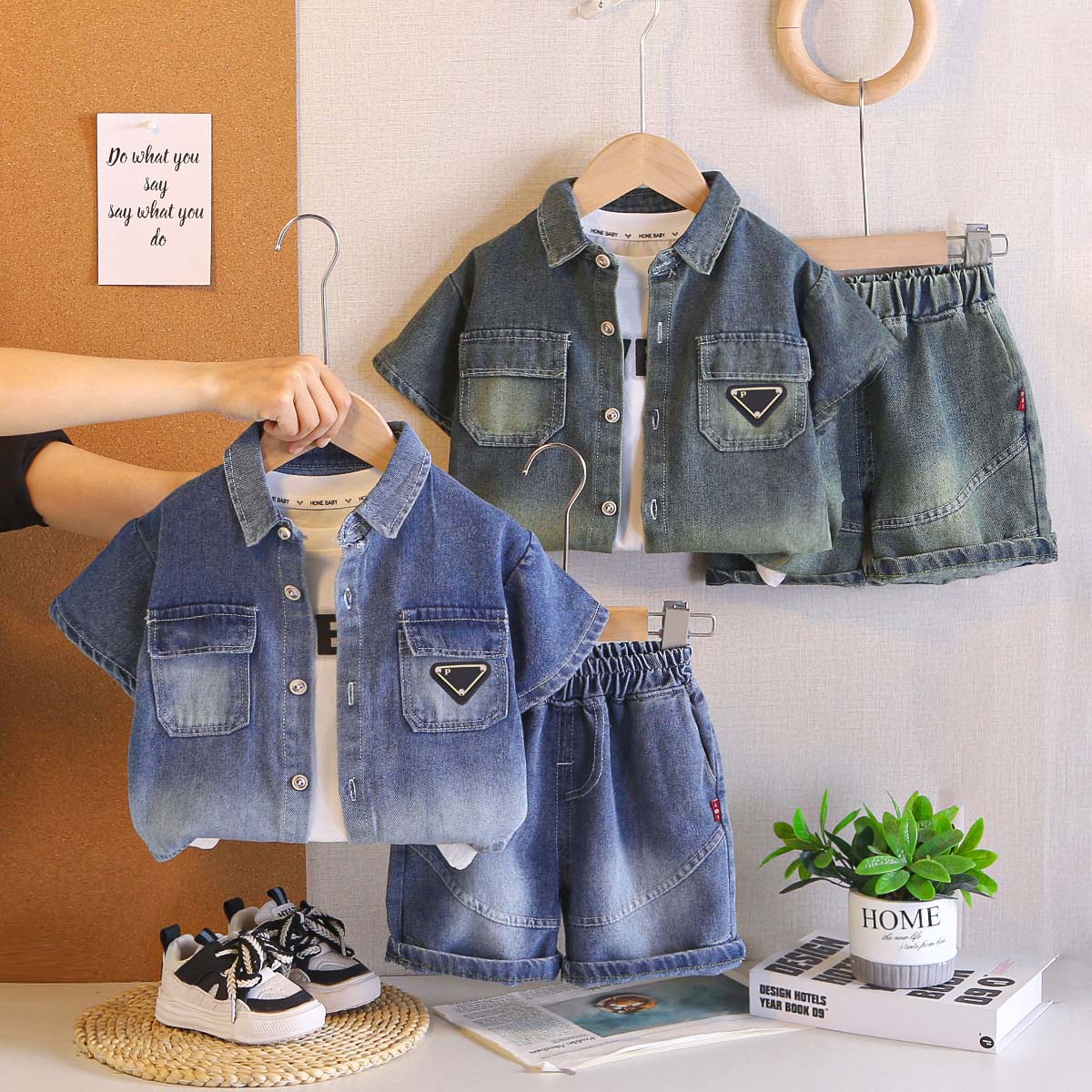 Toddler Boy Designer Clothes Summer Outfits for Fashion Boys Short Sleeve Denim Coats + White Sleeveless Vest + Shorts 3 Piece Set Kids Suit 0-5-image-1104149509