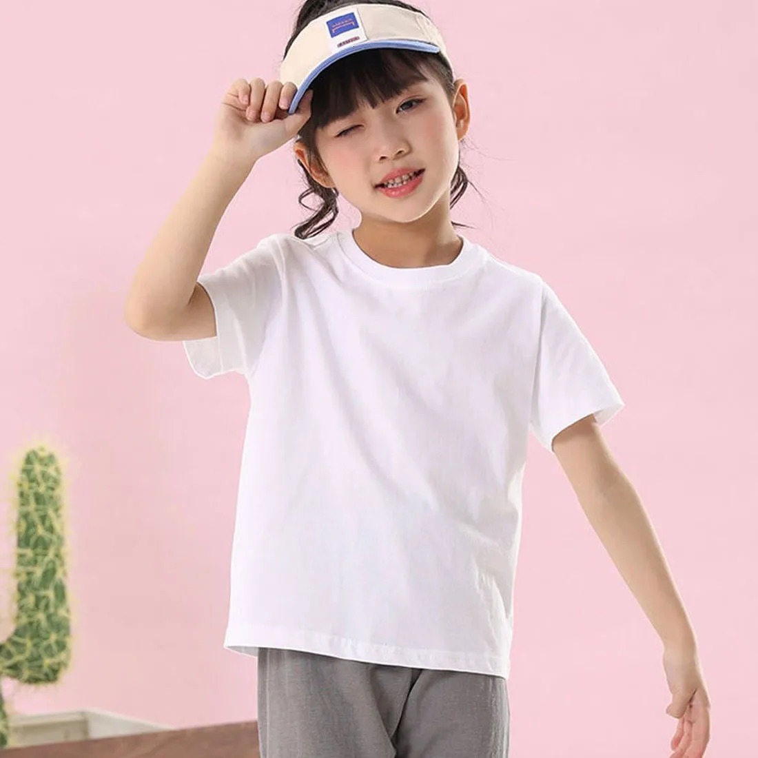 100 Cotton 180gsm Fabric Children Boy Girl T shirt 2025 Summer Women Short Sleeve T-Shirt Cute Style White Solid Color Tops 260427BJ