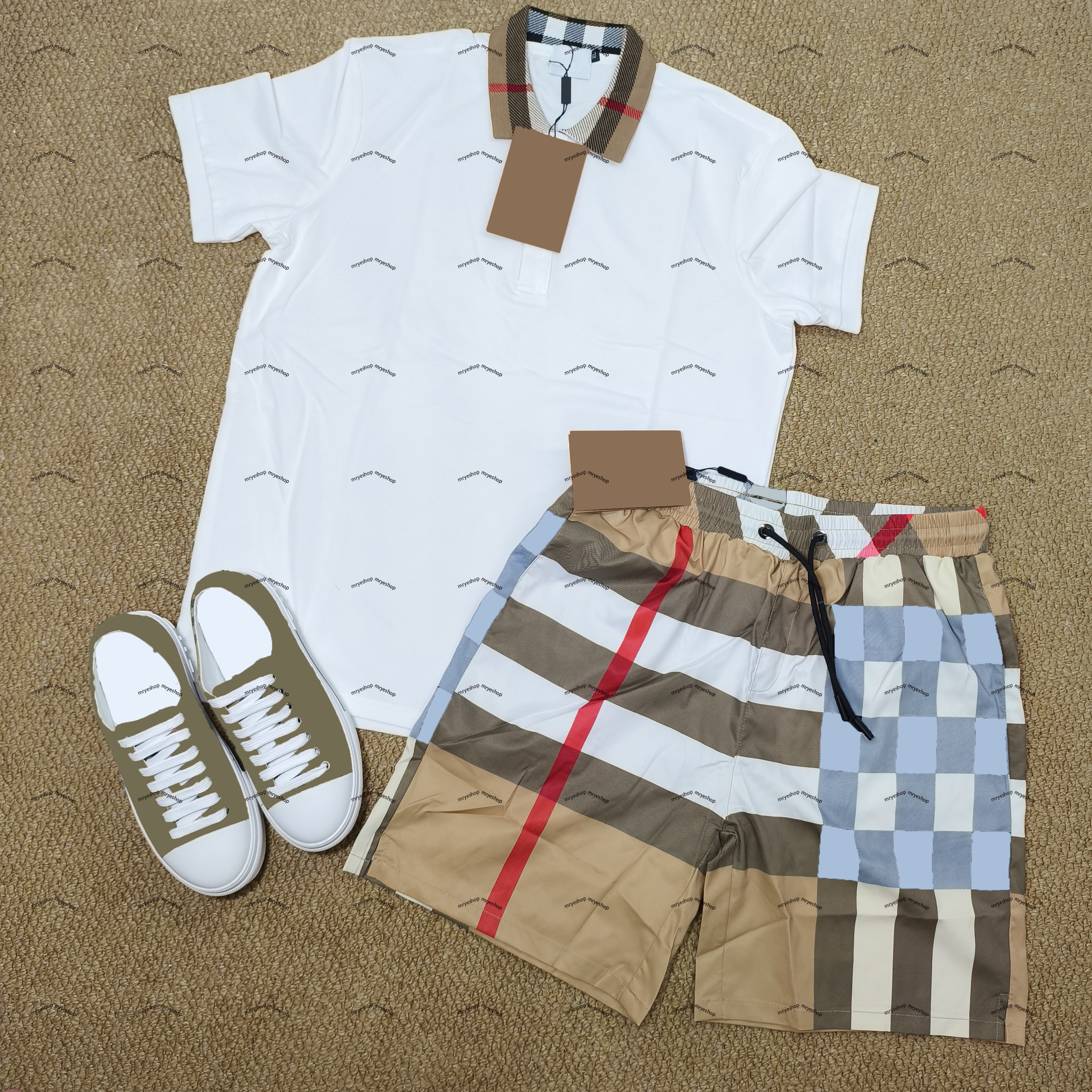Polo Shirt Men's 2-Piece Outfit Casual Short Sleeve Top with Plaid Print Mesh Lined Swim Shorts for Beach.Asian size M-XXXL.