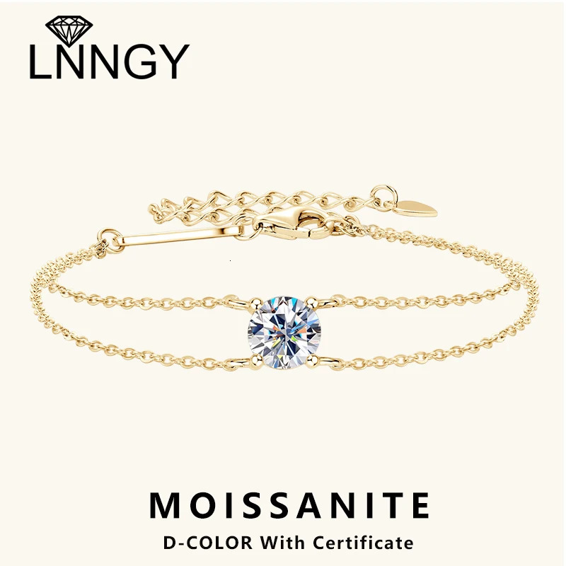 Lnngy 65mm 1ct Bracelet 925 Sterling Silver Certified Double Chain Bracelets For Women Charm Wedding Jewelry Gift 260428BJ