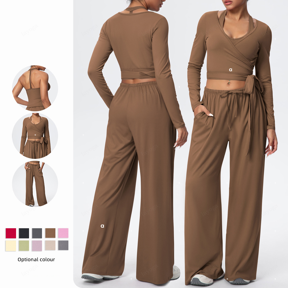 Stylish Women's Cloud-Soft Yoga Set solid color Halter V-Neck Backless Design Cross Strap V-Neck Long Sleeve Quick-dry Draped Drawstring Trouse