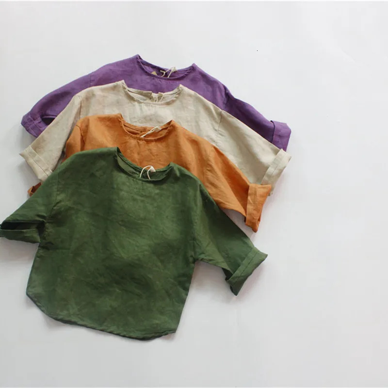 deer jonmi 2026 Summer Children Solid Color Retro Loose Shirts Korean Style Unisex Kids Cotton Linen Tops 260427BJ