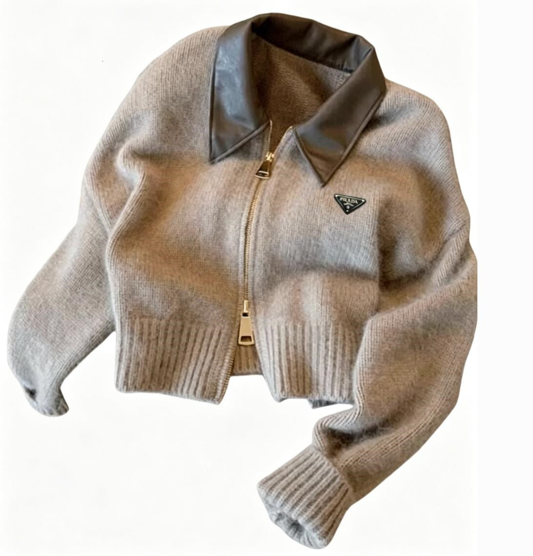 Luxury Fuzzy Knit Cardigan Women 2026 New Leather Collar Double Zipper Cropped Long Sleeve Designer Streetwear Sweater Top