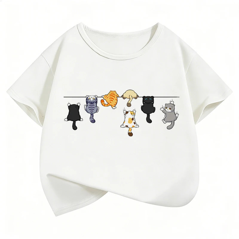 Climbing Cat Pattern Trendy n Print T Shirts Short Sleeve Kids Childrens T-shirt Boys Girls Summer Spring Casual Top Tee 260427BJ