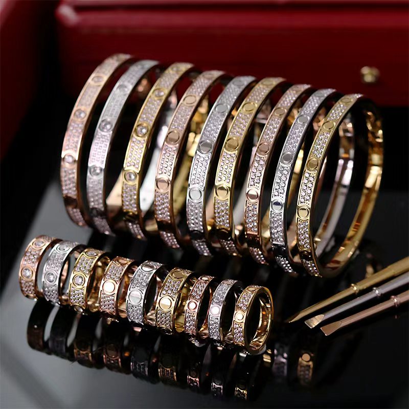 Luxury Crystal Love Bracelet Ring Set Classic Three Row Diamond 18k Gold Bracelet High Quality Stainless Steel Designer Jewelry for Men and Women