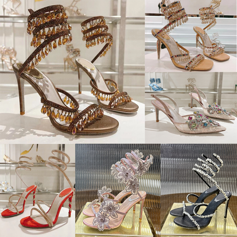 Rene Crystal Cleo embelli sandales Margot Strass Serpent Strass talon aiguille femmes à talons hauts Designer de luxe cheville diamant brillant c