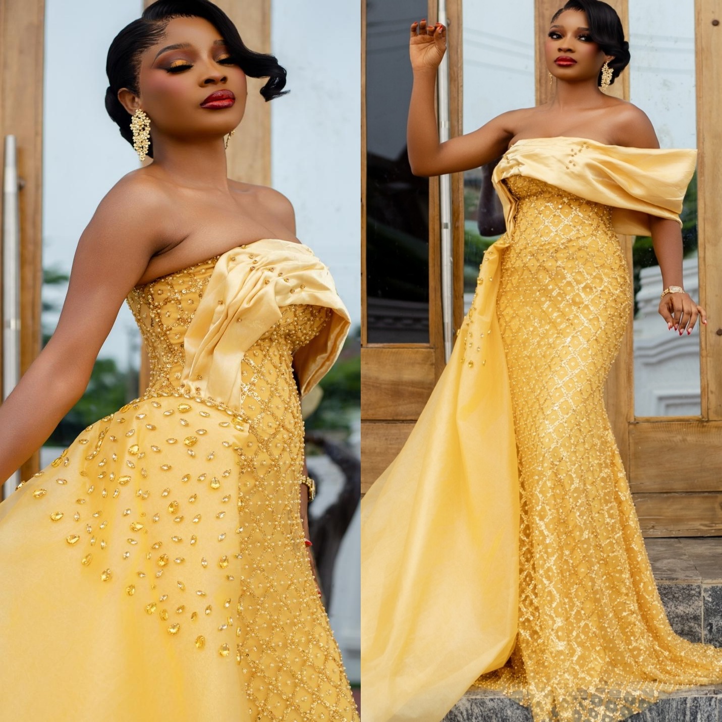 Yellow Mermaid Prom 2026 Evening Dress Lace Pearls Crystals Sequined Satin Birthday Formal Women Pageant Party Gowns Long Dinner Dresses