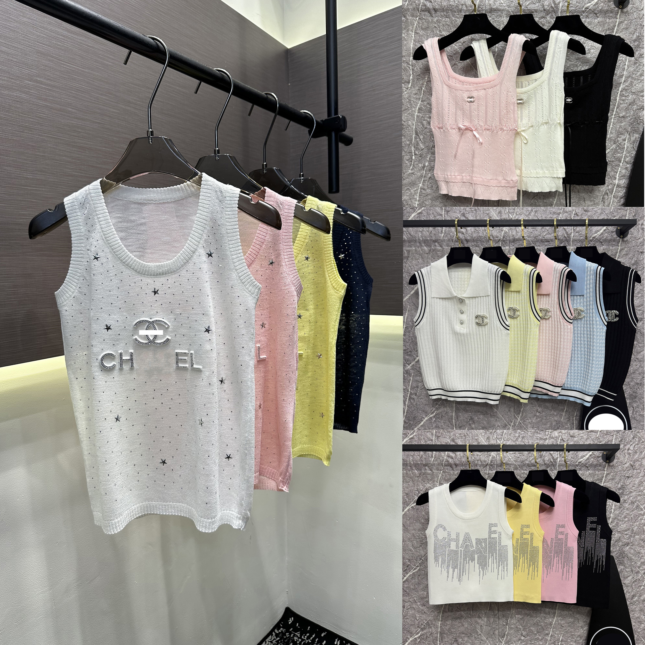 Womens designer luxury sleeveless camisole tank top fashion knit heavy rhinestone camisole CC Multi-color 23 styles
