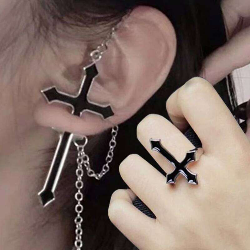 Vintage Black Big Cross Paired Tassel Earrings For Women Party Jewelry Punk Trendy Gothic Metal Ring Earring Gifts