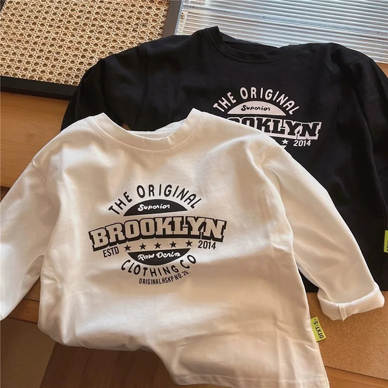 Childrens Spring Long Sleeve T-shirts Kids Autumn Pure Cotton Loose Tops for Boys Girls Korean Casual Solid Trend Base Shirt 260427BJ