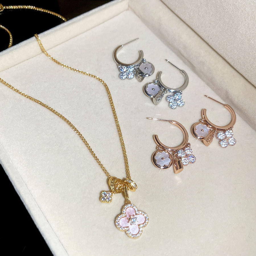 18k real gold plated zircon flower lock C-shaped earrings and necklace set, light luxury, high-end, elegant, versatile jewelry for women-image-1104045817