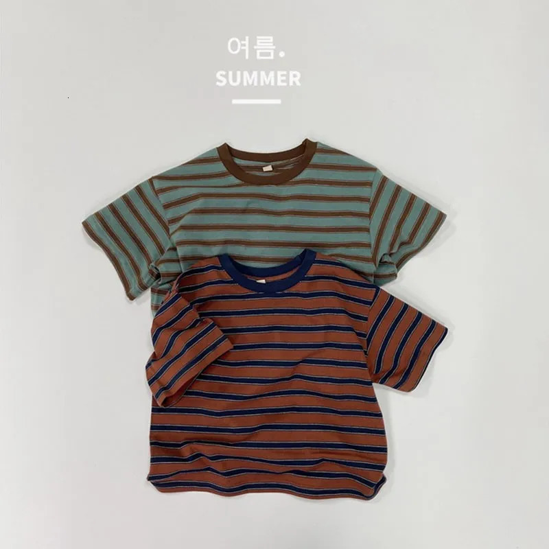 Summer Boy Girl Children Thin Loose Striped T-shirt Baby Retro Casual Sports Short Sleeves Tops Fashion Cotton Simple Tees 260427BJ