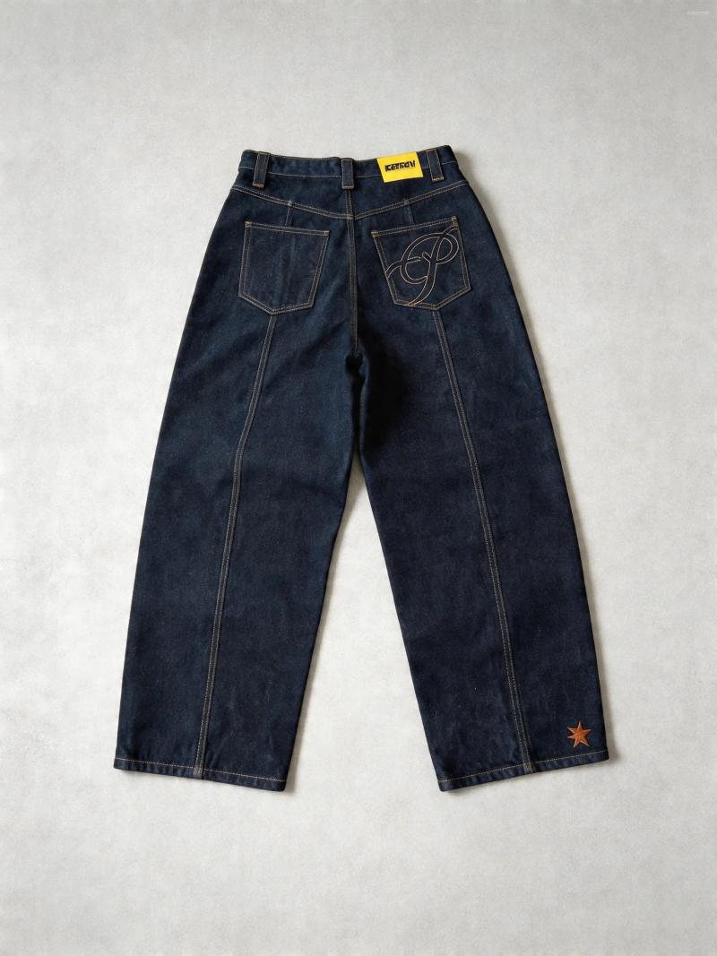 Men's Jeans Men Casual Long Denim High Street Loose Oversized Wide Leg Hip Hop Harajuku Dark Blue Embroidered