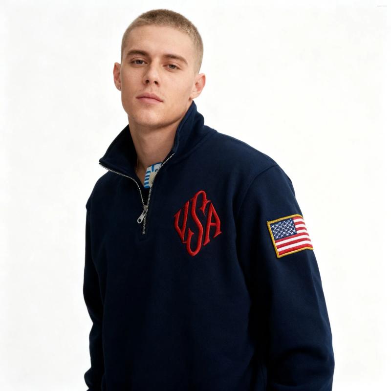 Men's Hoodies Vintage USA Flag Embroider Sweatshirts Navy Blue Quarter Zip Sweatshirt Fast Delivery Streetwear High Street Fashion