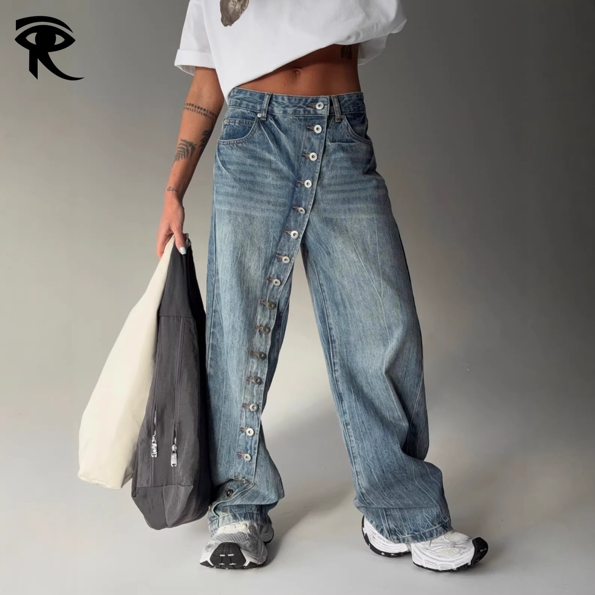 American Y2K Spice Girl Asymmetrical Placket Button Jeans Unisex Vintage Distressed Washed Loose Wide Leg Denim Pants Original Fashion Designer D