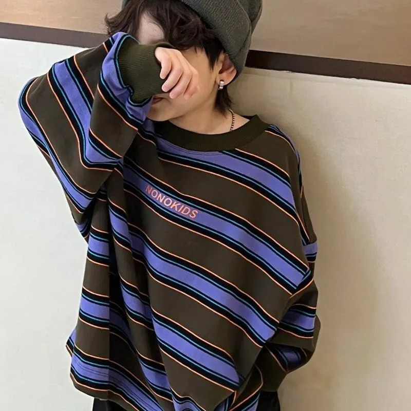 Boys Long Sleeved T-shirt for Spring and Autumn Korean Version Loose Casual Striped Top Mid Size Childrens Autumn Outfit 260427BJ