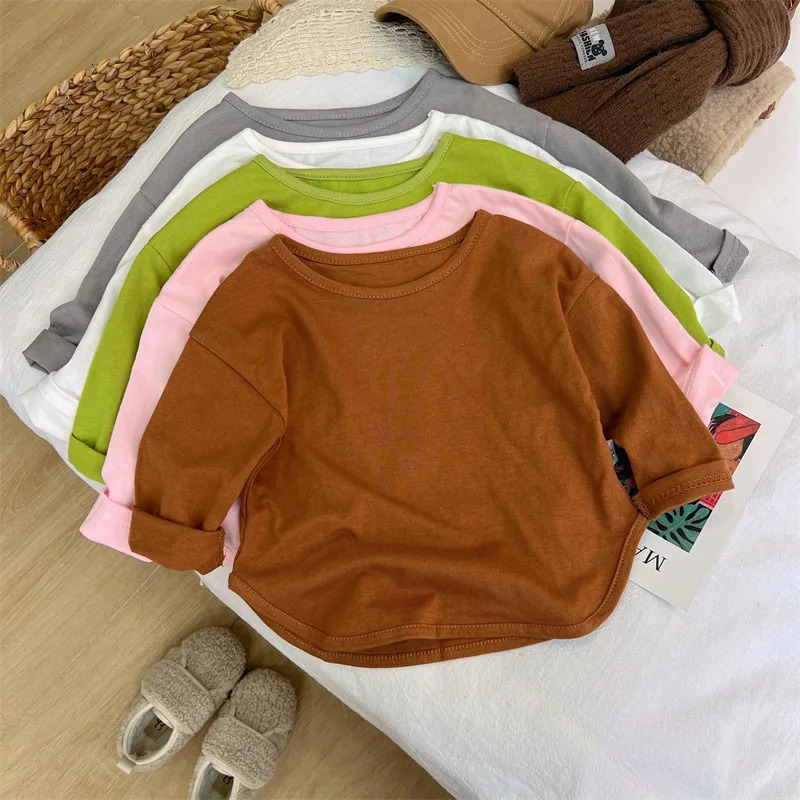 1pcs Spring Autumn Childrens Pure Cotton Long Sleeve T-shirts Solid Color Boys Girls Tops Kids Baby Leisure Tee Student Clothes 260427BJ