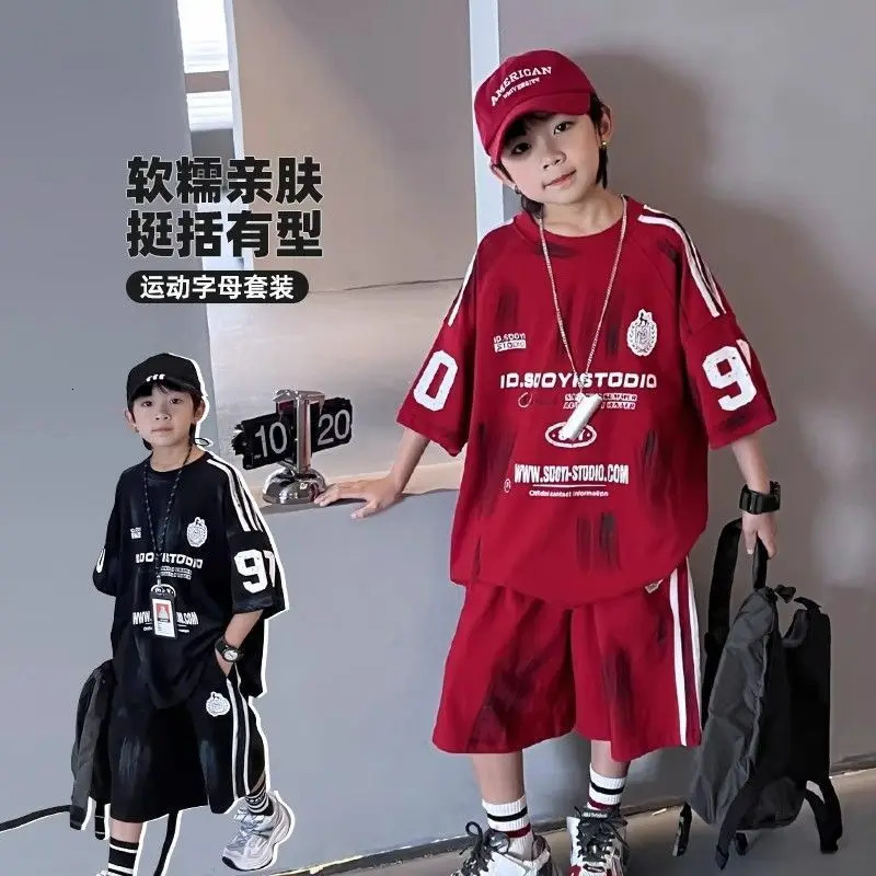 2026 Summer Boys Sports Suit American Style Short Sleeve T-Shirt Shorts 2 Piece Set Casual Trendy Outfits for Big Kids 260427BJ