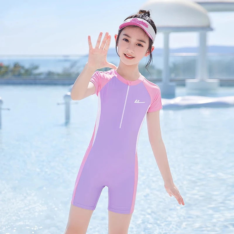 One Piece Front Zipper Swimming Suit For Grils Swimwear Bathing Suit Kids Swimsuit Short Sleeve Beachwear Style Plus Size 260427BJ