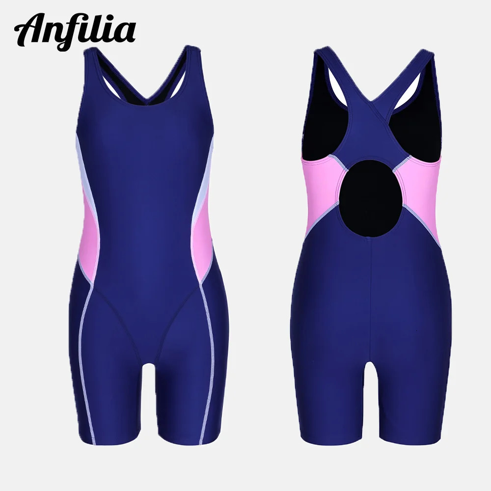 Anfilia One-Piece Athletic Swimsuit For Girls U Neck High Elastic Patchwork Racerback Boyleg Quick Dry Training Swimwear 260427BJ