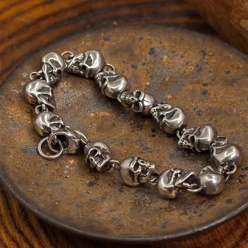 Vintage Metal Full Skull Bracelet, Men's Gothic Biker Jewelry, Motorcycle Skull Chain Accessory