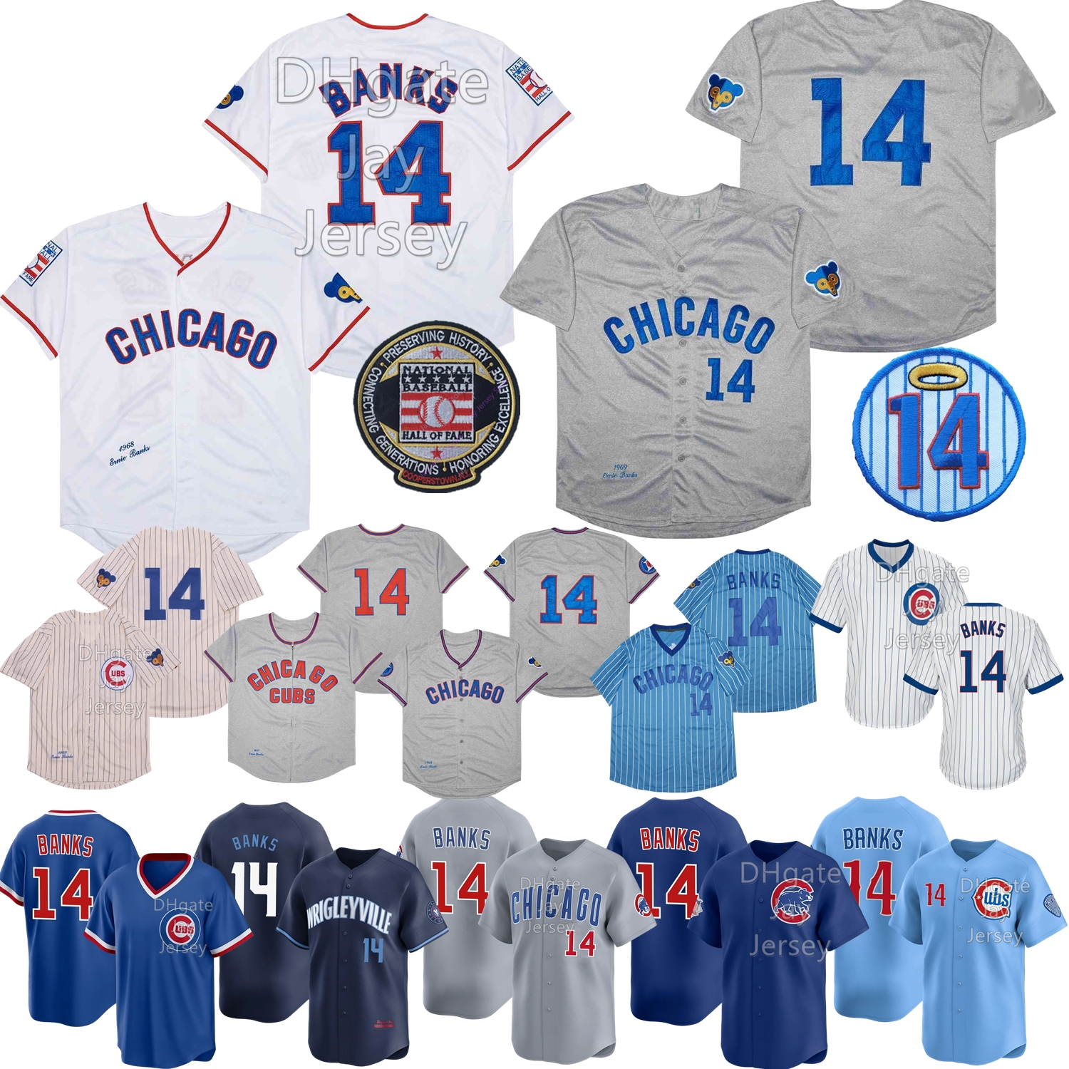 14 Ernie Banks Vintage Jersey Retro 1957 1968 1969 Zipper Grey Cooperstown White Cream City Baby Blue Hall Of Fame Patch