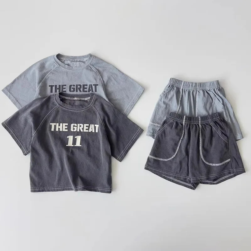 6222 Ins Children Clothing Set 2025 Korean Summer Boys Suit Fashion Retro Letters TopShort Casual Girls Two-piece Suit 260427BJ