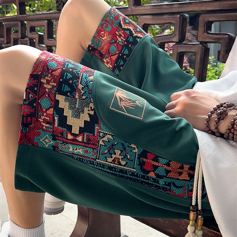 Mens ethnic embroidery pattern shorts with pockets summer casual drawstring suitable for outdoor and beach wear y260413