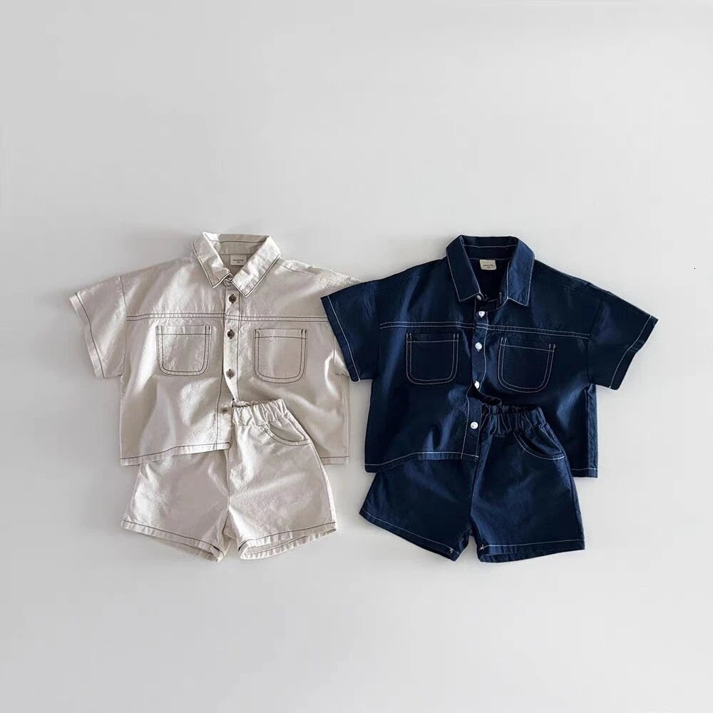 TZ2614 Korean Style Summer Childrens Clothing Set Boy Girl Soft Denim Shirt with Stitching Trendy Outfit for Kids 260427BJ