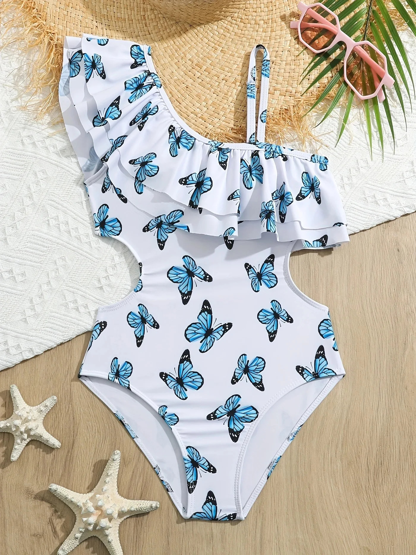 Girl One Shoulder Butterfly One Piece Swimsuit for Kids Ruffle Childrens Swimwear 8-12 Years Beach Wear Cut Out Bathing Suit 260427BJ
