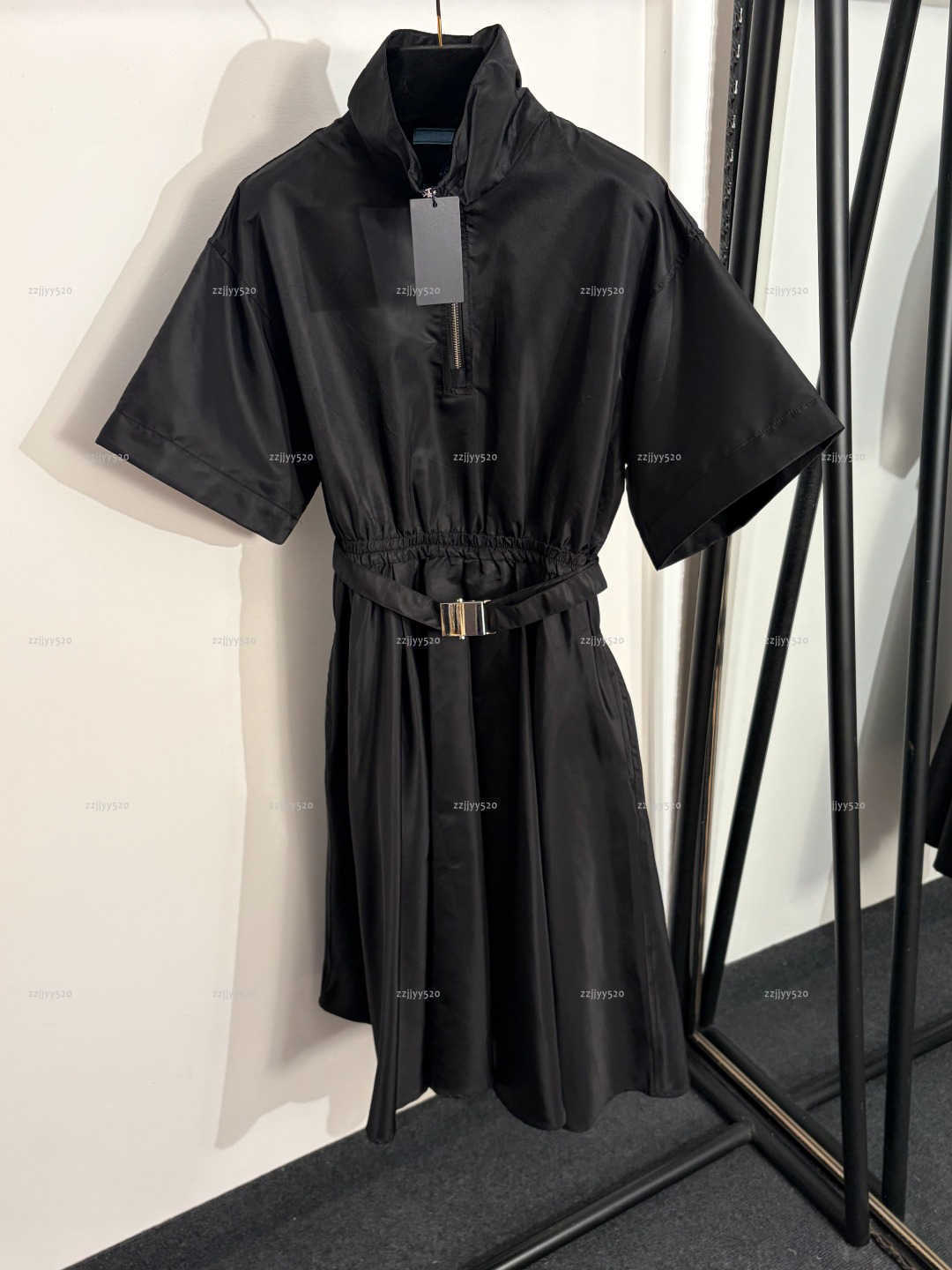 Brand stand collar women dress Summer lady dresses women designer clothes waist cinched short sleeved skirt with waist belt A019X01N212-image-1104259026