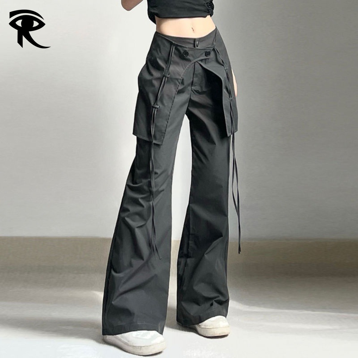 2026 Pantalon décontracté évasé à ruban pour femme, taille haute, ample, allongé, Y2K, Spice Girl, pantalon cargo, jupe superposée, pantalon à ou