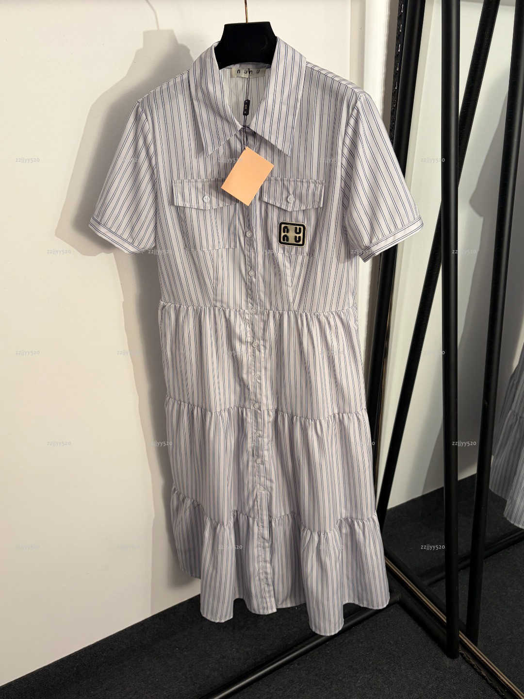 Brand lapel women dress Summer lady dresses women designer clothes color blocked striped short sleeved shirt skirt A025X01N043-image-1104259150