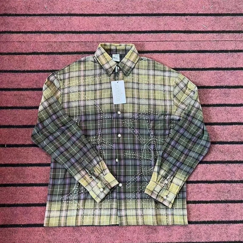 Men shirt Valer button s up Rhinestone Plaid Long Sve Shirt American Streetwear Casual Loose Thin Jacket Unisex High-quality Clothing Free Shipping