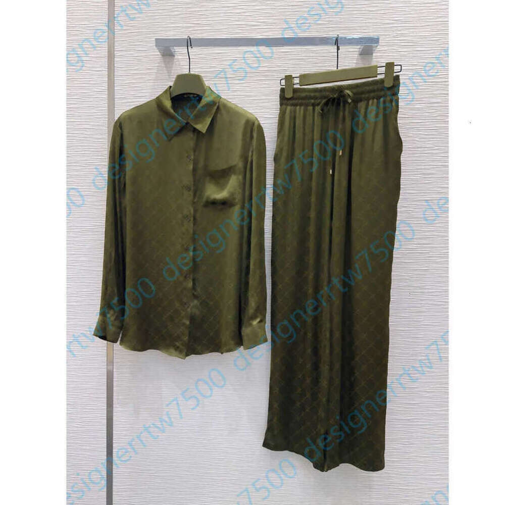 Silk Satin Women designer 2 piece set Luxury Double G Brand logo Monogram Jacquard Long Sleeve Button Down Shirt and Wide Leg Retro Senior clothes