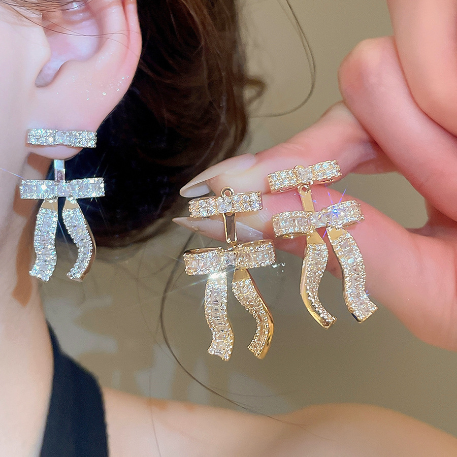 18k real gold plated silver needle zircon bow pendant simple stylish earrings, light luxury and high-end feel-image-1104222076