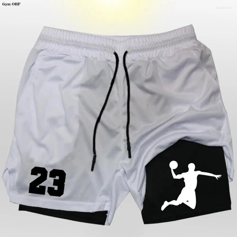 Men's Shorts Men Fitness Training 2 In 1 Print Summer Double Layer Quick Dry Gym Jogging Mens Outdoor Beach Sport Short 23 Pant