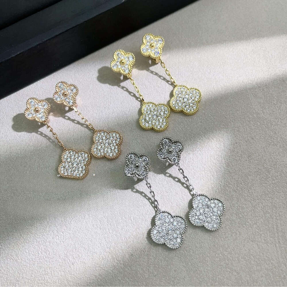 designer earrings new models of Van cle ef Real shot of clover double-layer full-diamond earrings for women, light luxury, elegant, high-end feel