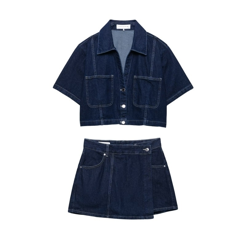 Women Casual Navy Blue Denim Shorts Set Vneck Short Sleeves Cropped Shirt High Waist Solid Color Skirt Female Suits y260413