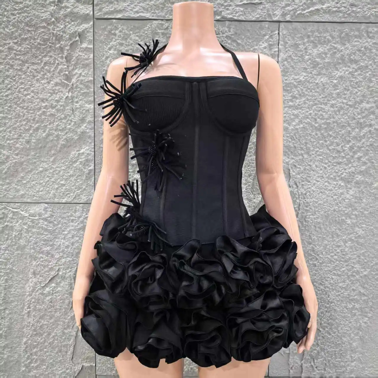 Black Color Women Sexy Strapless Florals 2 Pieces Bodycon Mini Bandage Dress Celebrate Nightclub Party Bar Singer Wear 260429