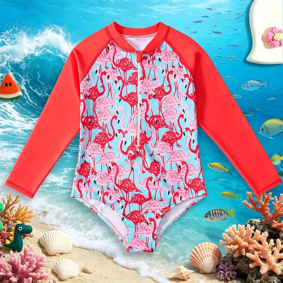 Girls Half-Zip Long Sleeve One-Piece Swimsuit Flamingo Printed Cute Bathing Suit for Kids Beach Pool Vacation 3-8Y 260427BJ