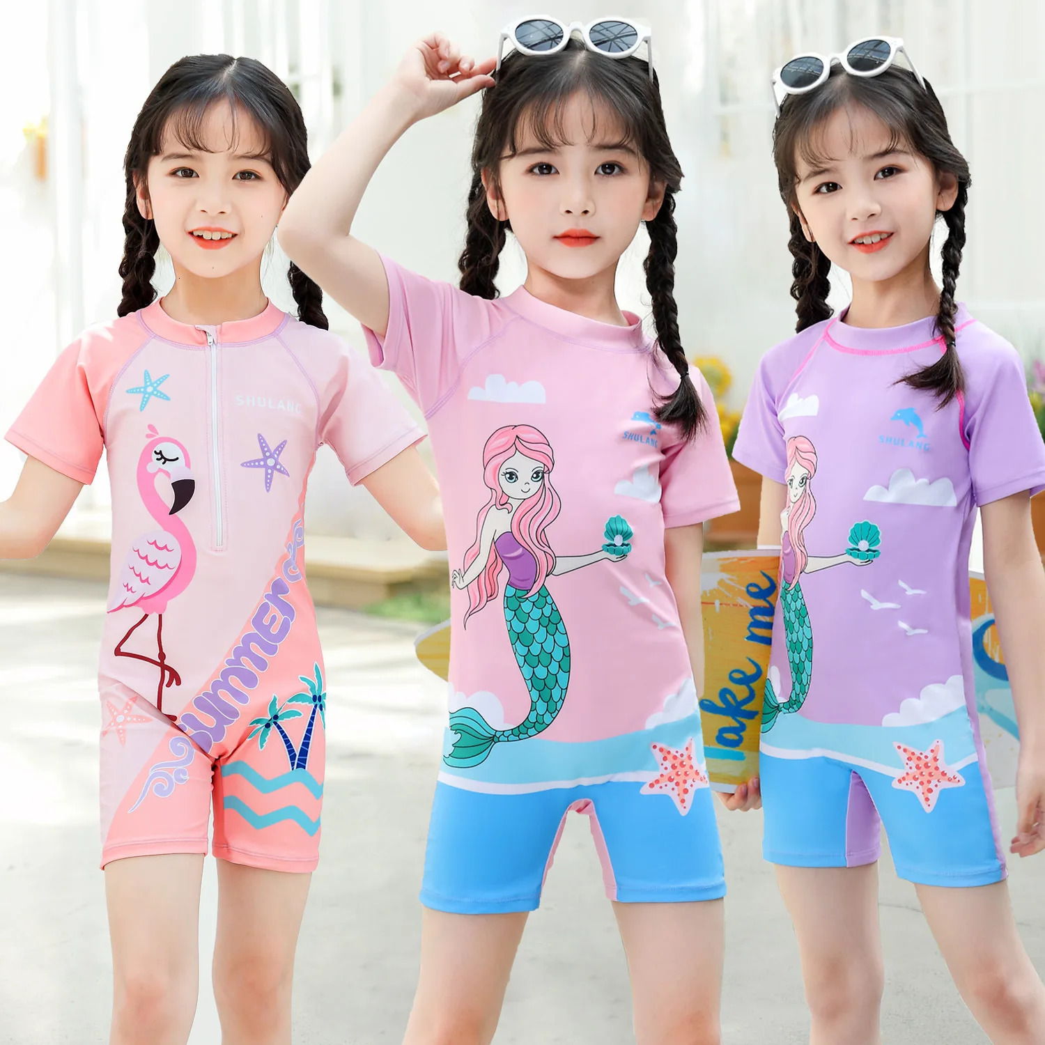 Girls Swimsuits One-Piece Bathing Suits with Hat Summer Beach Water Sport Short Swimsuit with Cartoon Pattern for 2-13 Years Old 260427BJ