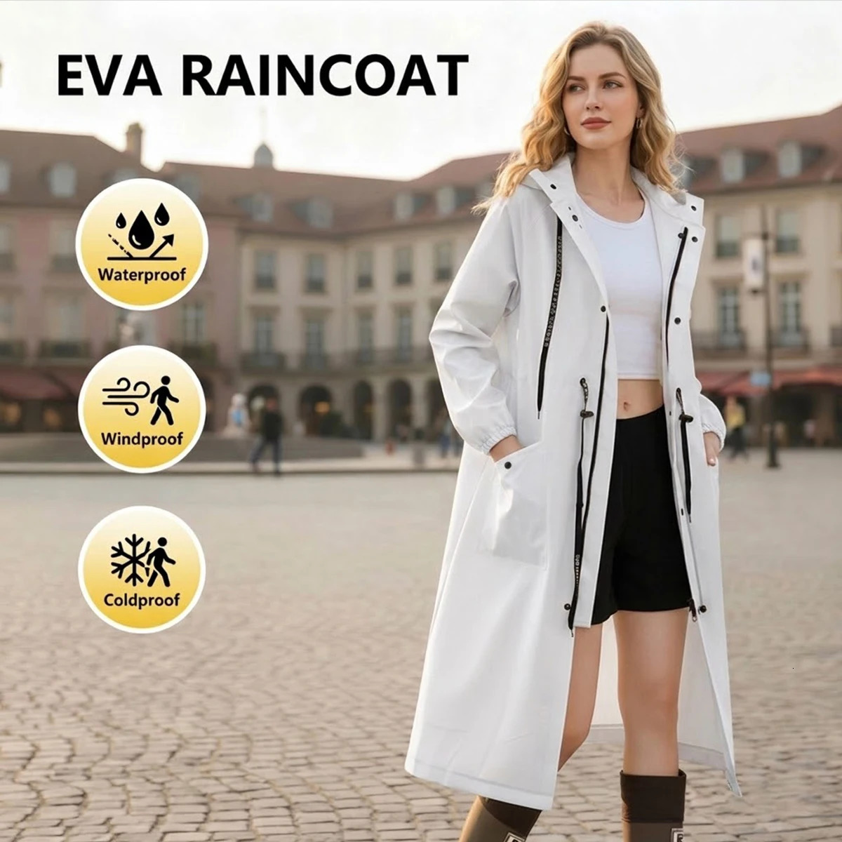 Women Long Waterproof Rain Jacket EVA Trench Coat Hooded Windbreaker Cycling Raincoat Drawstring Waist Outdoor Poncho 260429