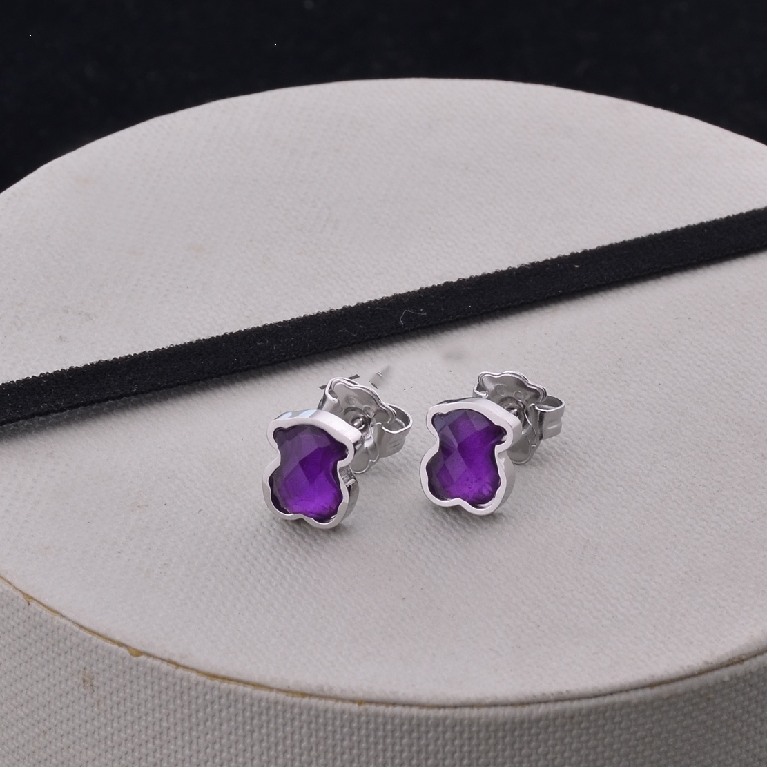 Fashion Women Lover Men Silver Gold Stainless Steel Bear Heart Span Cartoon Animal Purple Glass Letter Heart Stud Earrings Jewelry Gift-image-1104253014