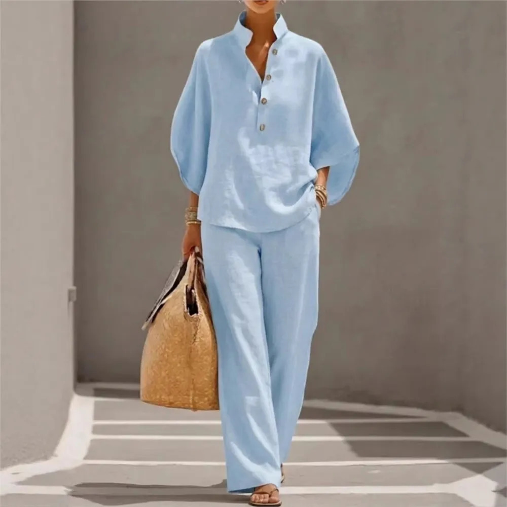 Fashiona Cotton Linen Loose 9-quarter Sleeve Womens Trousers 2-piece Set Spring Casual Pocket Retro Female Office Trousers Suit 260429