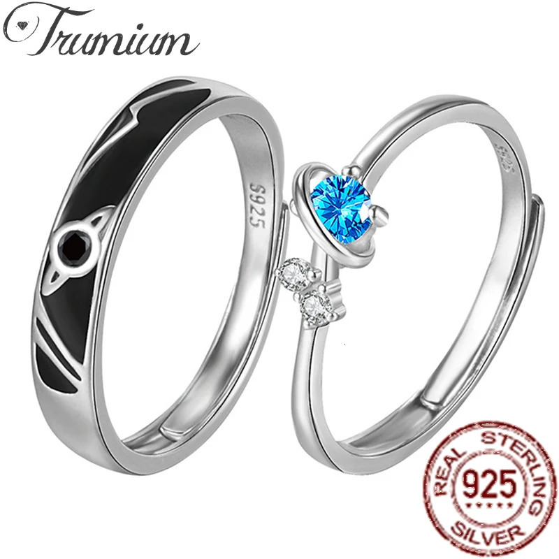 Trumium Solid 925 Sterling Silver Blue Zircon Planet Couple Open Rings For Women Men Original Girlfriend Jewelry Romantic Gift 260429BJ