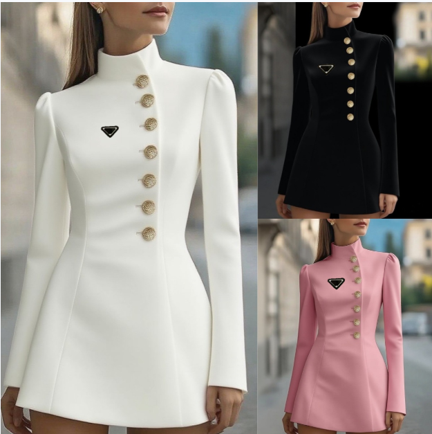 Robe de luxe pour femmes, coupe cintrée, couleur unie, manches longues, col montant, simple boutonnage, style collège anglais, automne